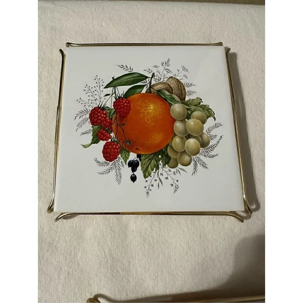 1970 Vintage Fruit Ceramic Tile Framed Artwork Trivets Set of 3